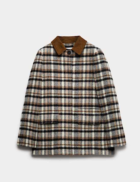 Pure Wool Checked Cord Collar Short Jacket