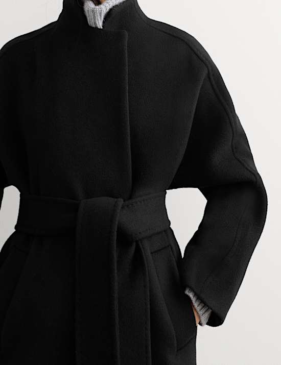 Manteau portefeuille coupe longue 100 % laine &agrave; col chemin&eacute;e