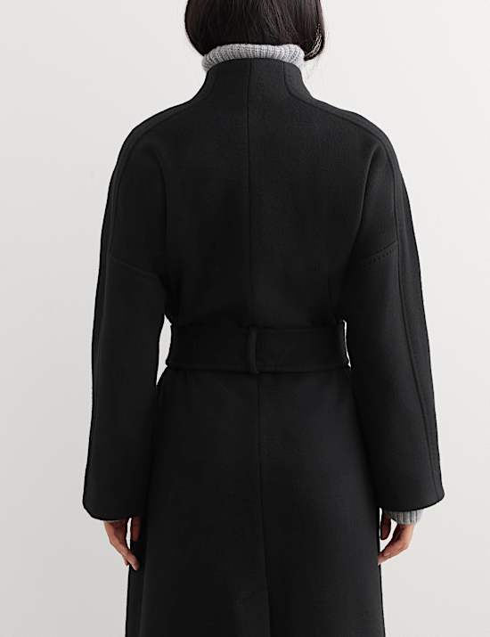 Manteau portefeuille coupe longue 100 % laine &agrave; col chemin&eacute;e
