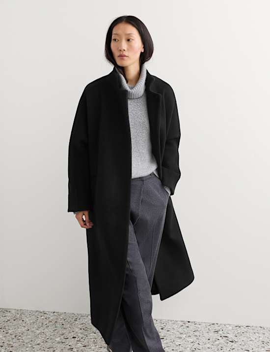 Manteau portefeuille coupe longue 100 % laine &agrave; col chemin&eacute;e