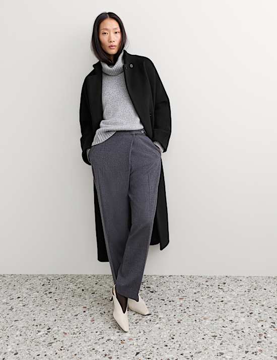 Manteau portefeuille coupe longue 100 % laine &agrave; col chemin&eacute;e