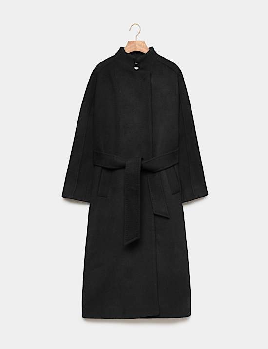 Manteau portefeuille coupe longue 100 % laine &agrave; col chemin&eacute;e
