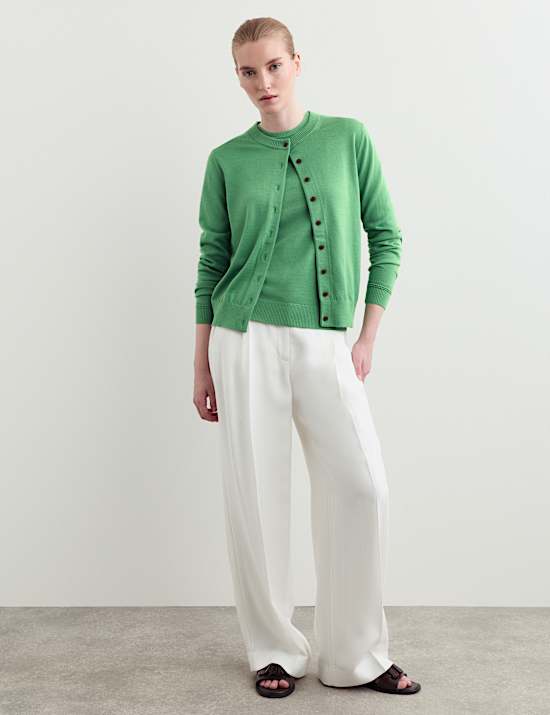 Merino Wool With Silk Crew Neck Cardigan