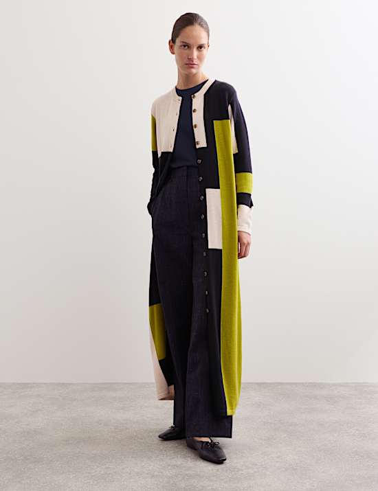 Μακριά ζακέτα με χρωματικές αντιθέσεις από μαλλί Merino