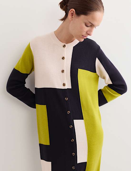 Μακριά ζακέτα με χρωματικές αντιθέσεις από μαλλί Merino