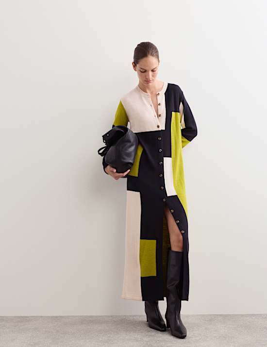 Μακριά ζακέτα με χρωματικές αντιθέσεις από μαλλί Merino