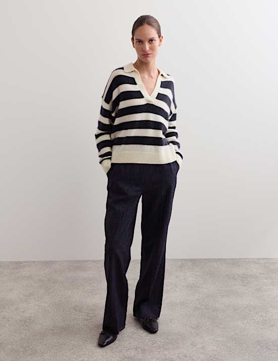 Mohair Wool Blend Striped Collared Jumper