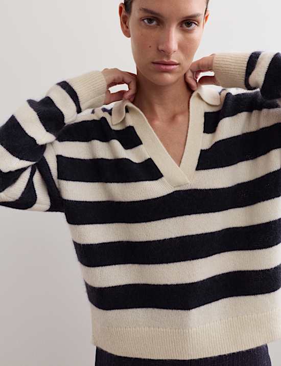 Mohair Wool Blend Striped Collared Jumper