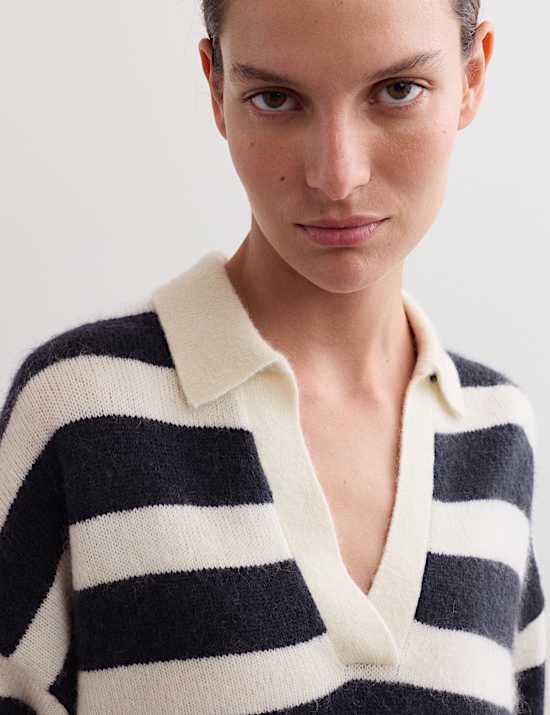 Mohair Wool Blend Striped Collared Jumper