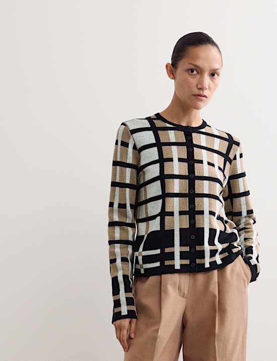 Karierter Jacquard-Cardigan aus reiner Merinowolle