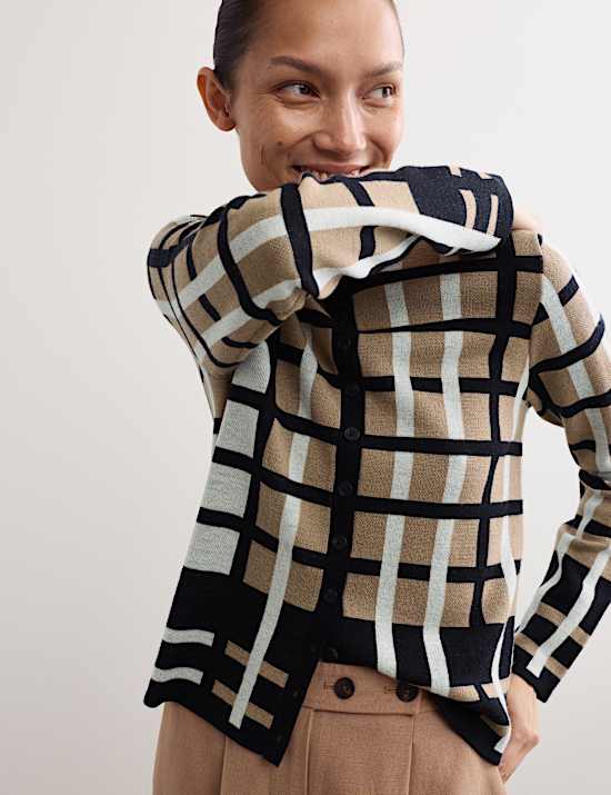Karierter Jacquard-Cardigan aus reiner Merinowolle