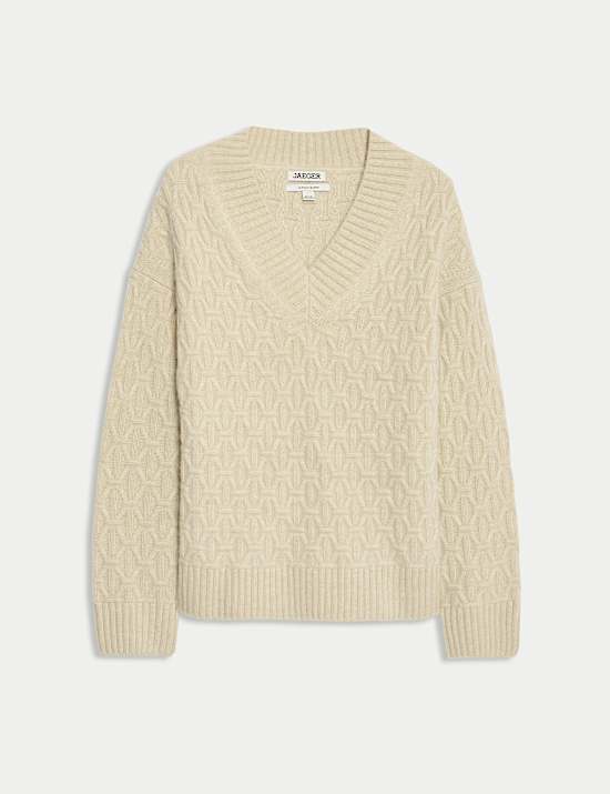 Pull en alpaga mélangé à maille torsadée et col en V avec cachemire