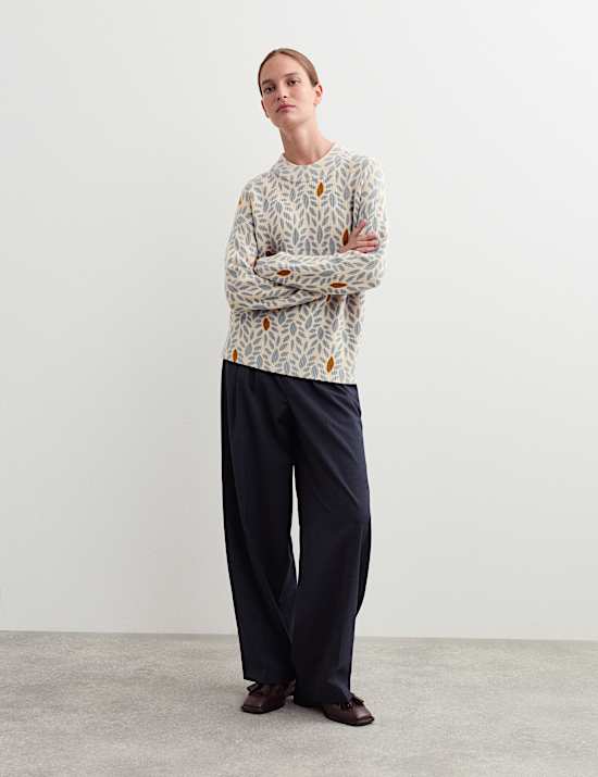 Pull 100 % laine mérinos à imprimé feuille et col rond