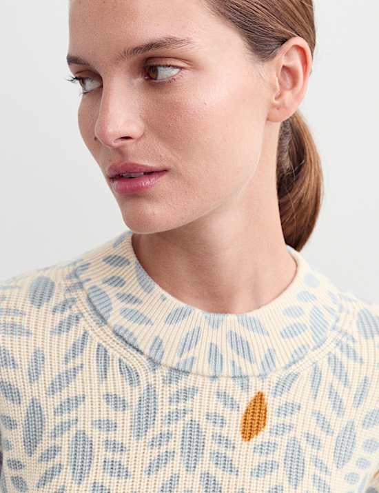Pull 100 % laine mérinos à imprimé feuille et col rond