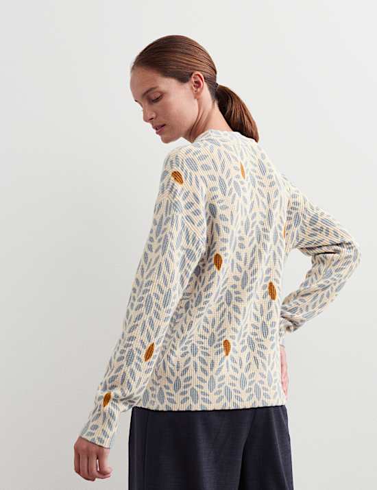 Pull 100 % laine mérinos à imprimé feuille et col rond