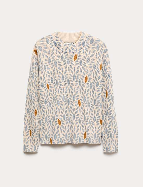 Pull 100 % laine mérinos à imprimé feuille et col rond