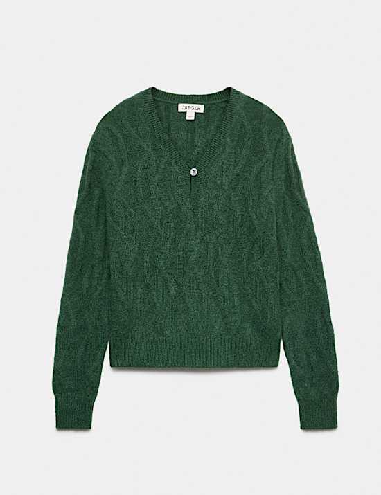 Mohair Cable Knit V Neck Keyhole Jumper