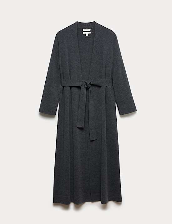 Lang geschnittene Wickel-Strickjacke aus reiner Merinowolle