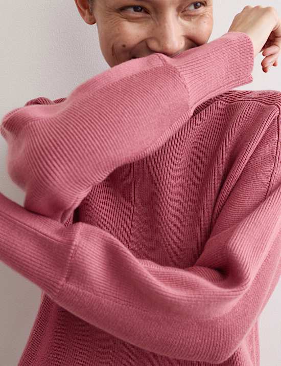 Pure Merino Wool Ribbed Funnel Neck Jumper