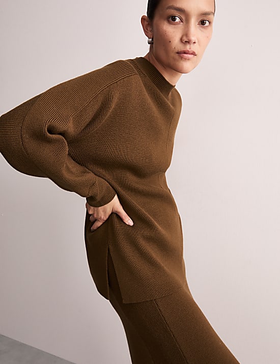 Pure Merino Wool Ribbed Funnel Neck Jumper