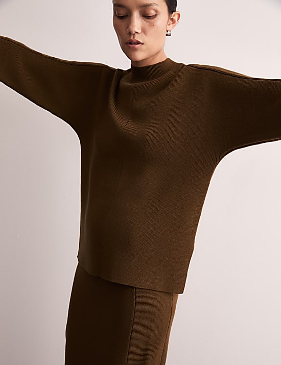 Pure Merino Wool Ribbed Funnel Neck Jumper