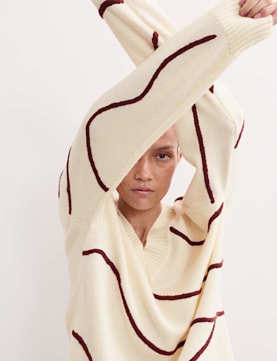 Merino Wool Embroidered Stripe V-Neck Jumper