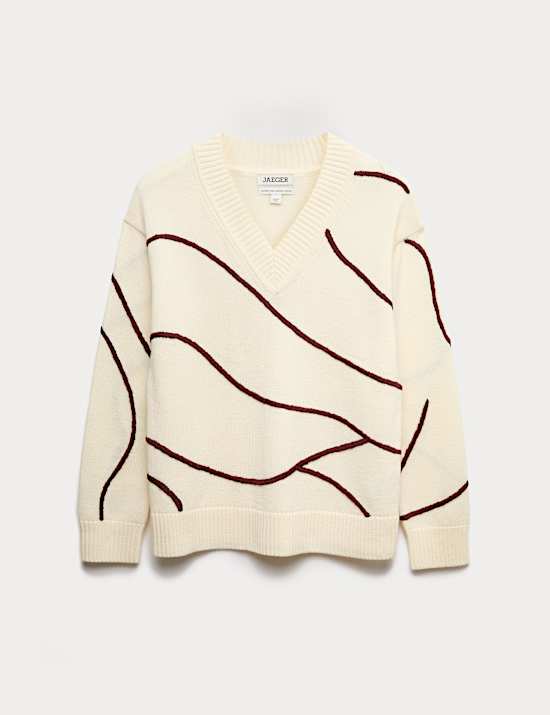 Merino Wool Embroidered Stripe V-Neck Jumper