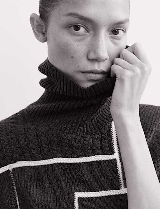 Merino Wool Block Funnel Neck Relaxed Jumper