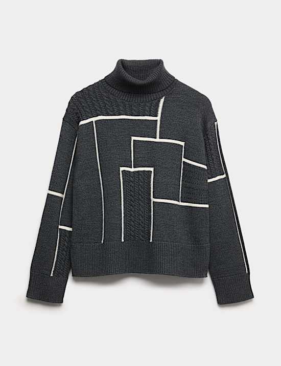 Merino Wool Block Funnel Neck Relaxed Jumper