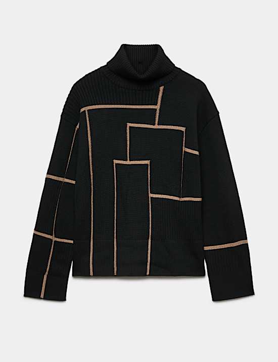 Pull g&eacute;om&eacute;trique 100 % laine m&eacute;rinos &agrave; col chemin&eacute;e