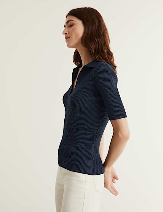 Atasan Lengan Pendek Kerah V Berusuk Berusuk