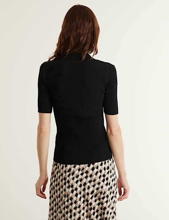 Ribbed Collared V-Neck Short Sleeve Top