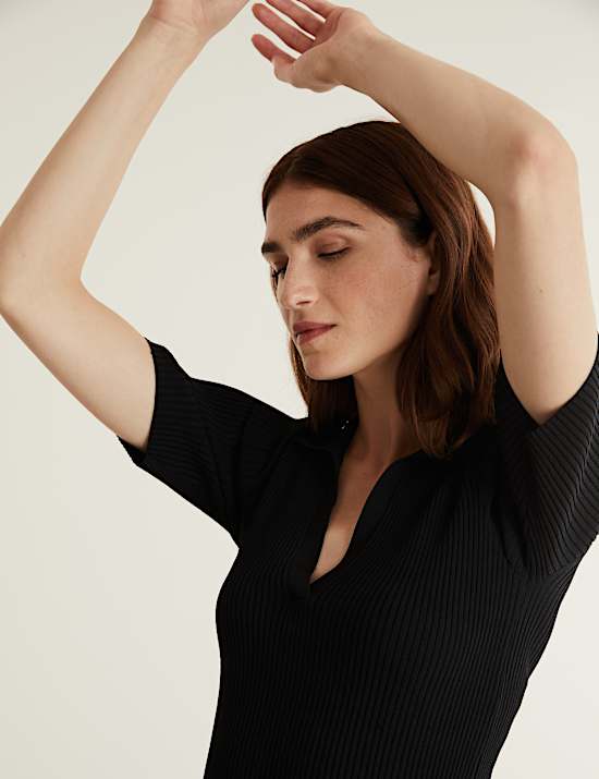 Ribbed Collared V-Neck Short Sleeve Top