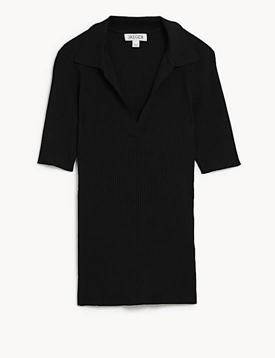 Ribbed Collared V-Neck Short Sleeve Top