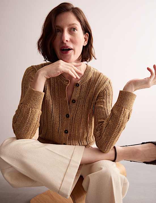 Linen Blend Open Knit Button Front Cardigan