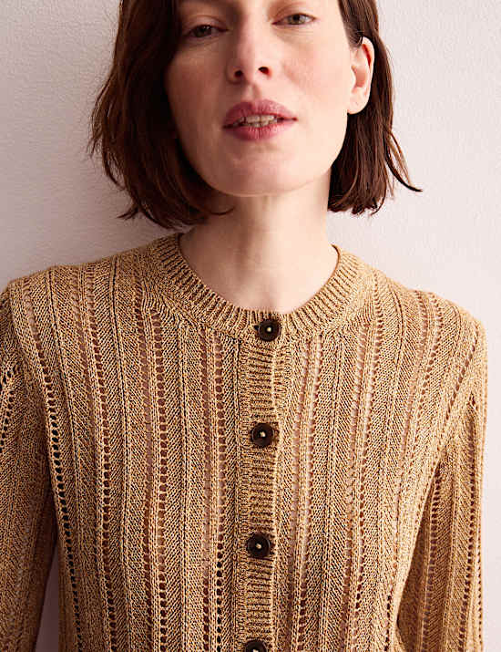 Linen Blend Open Knit Button Front Cardigan