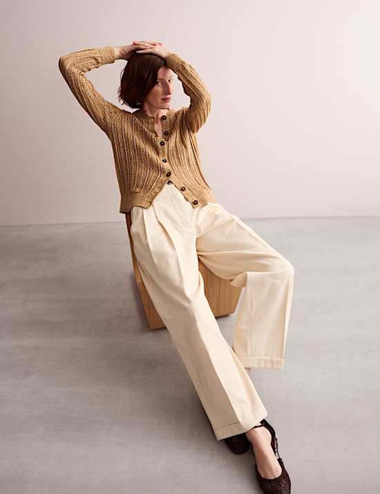 Linen Blend Open Knit Button Front Cardigan