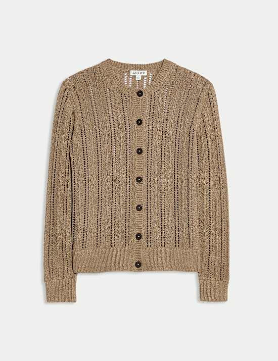 Linen Blend Open Knit Button Front Cardigan
