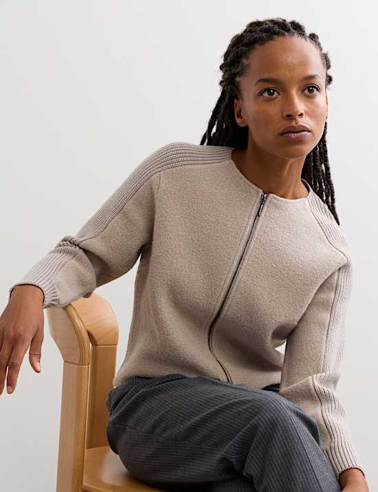 Pure Merino Wool Ribbed Zip Up Cardigan