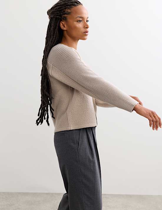 Pure Merino Wool Ribbed Zip Up Cardigan