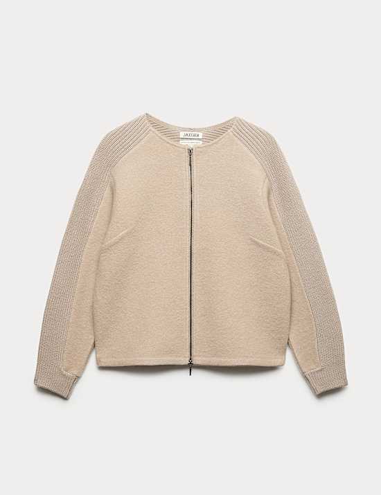 Pure Merino Wool Ribbed Zip Up Cardigan