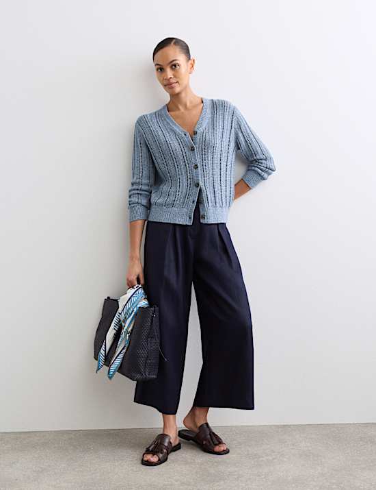 Cotton Rich Textured Open Knit V-Neck Cardigan