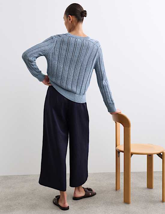 Cotton Rich Textured Open Knit V-Neck Cardigan