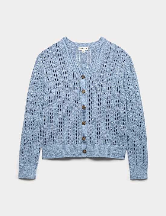 Cotton Rich Textured Open Knit V-Neck Cardigan