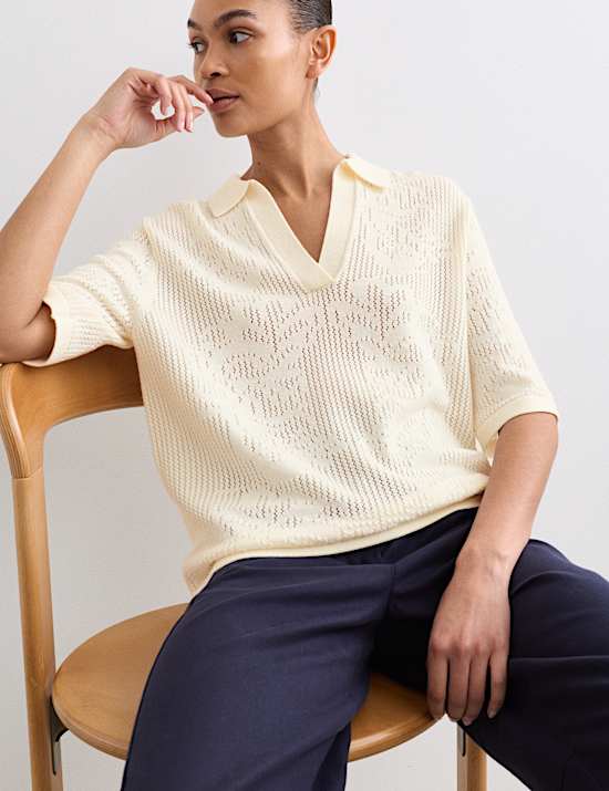Polo shirt van pure merinowol met pointelle-structuur