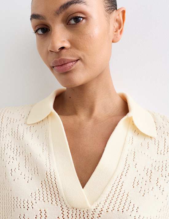 Polo shirt van pure merinowol met pointelle-structuur
