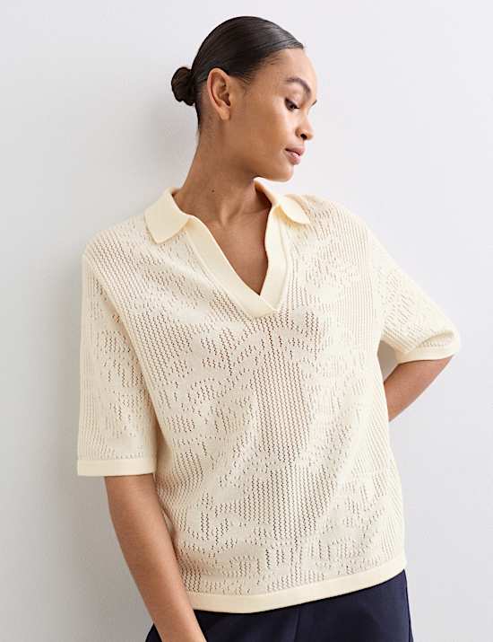 Polo shirt van pure merinowol met pointelle-structuur