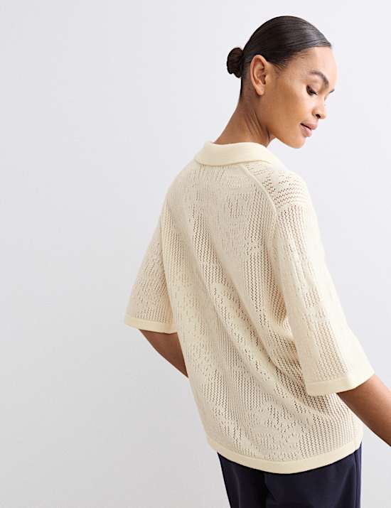 Polo shirt van pure merinowol met pointelle-structuur