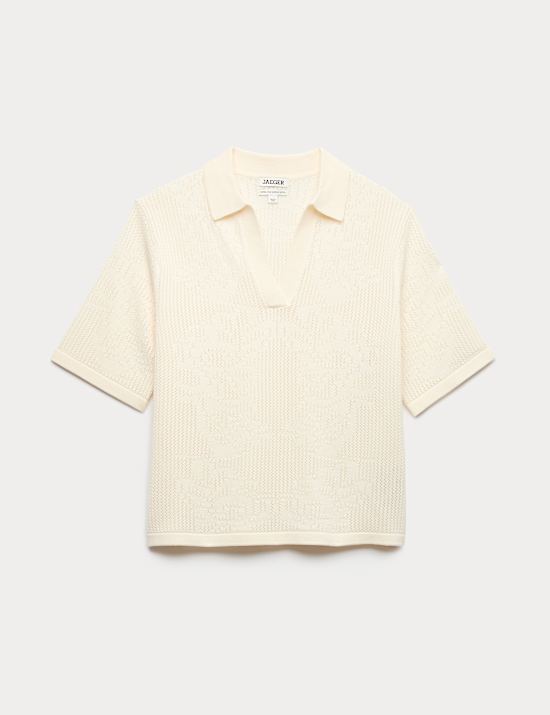 Polo shirt van pure merinowol met pointelle-structuur