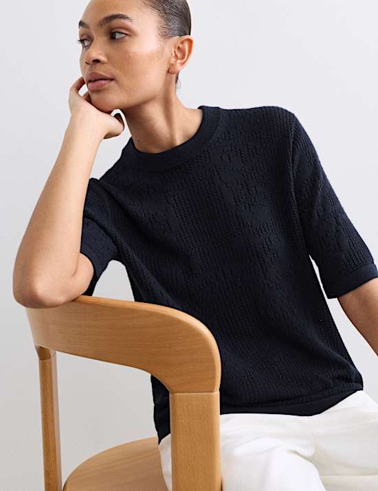 Pure Merino Wool Pointelle Knitted T-Shirt